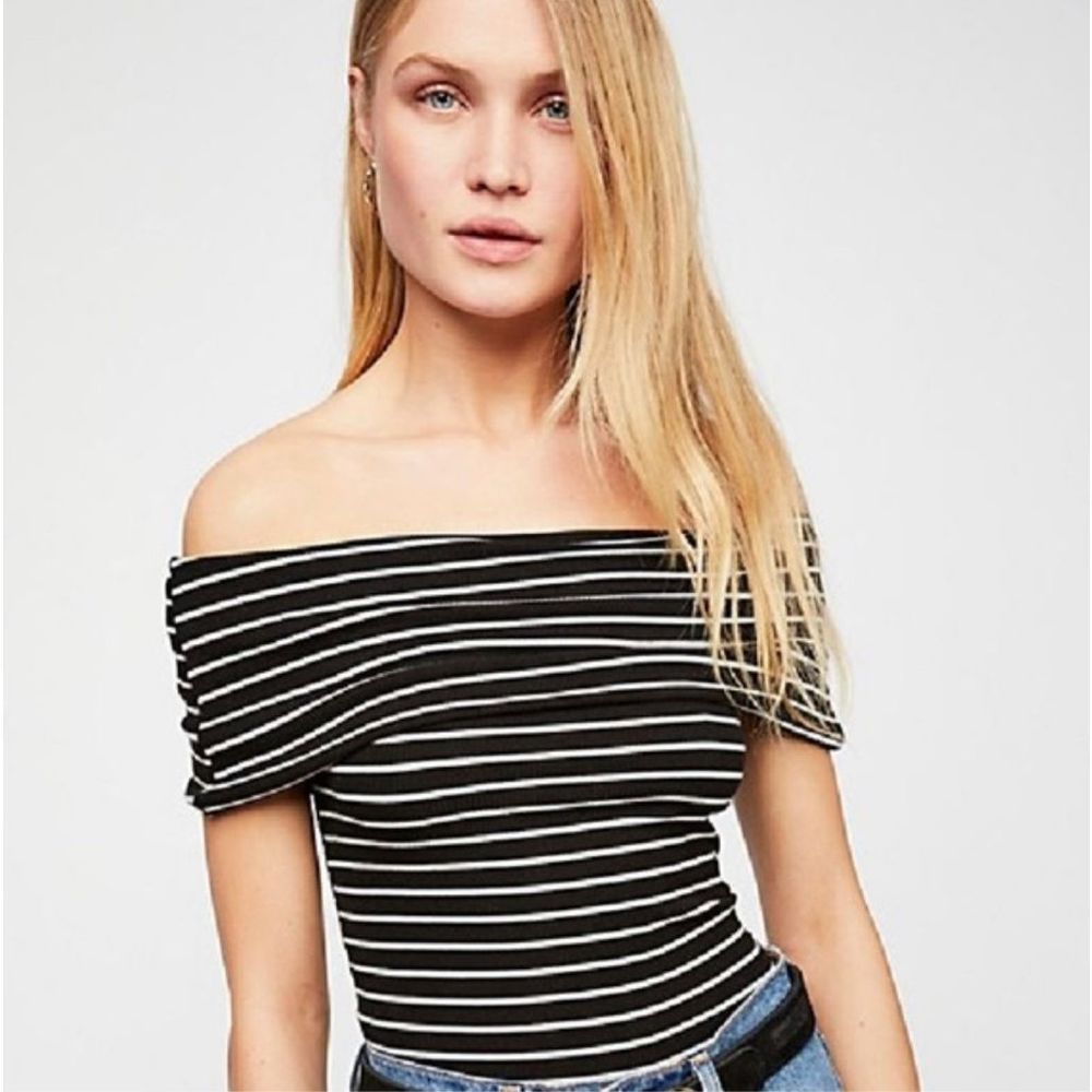 Free People Black and White Striped Off-Shoulder Top
